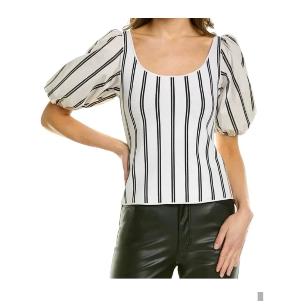 Theory Womens Black White Striped Puff Sleeve Scoop Neck Knit Top